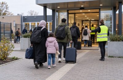 Nieuwkomers arriveren met bagage bij een Nederlands registratiecentrum