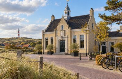 Gemeentehuis op Ameland met Nederlandse en Friese vlaggen