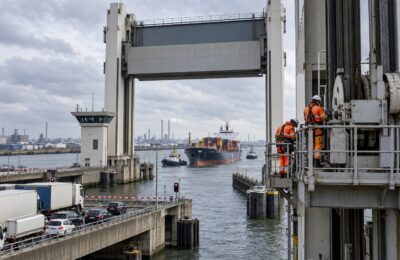 De Calandbrug bij Rozenburg met wegdek en scheepvaart eronder