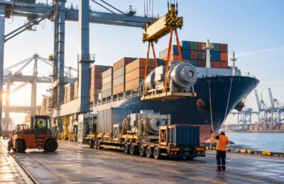 Overslag van machines en containers in een Nederlandse zeehaven