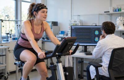 Deelnemer fietst op een hometrainer tijdens onderzoek naar slaap en geheugen