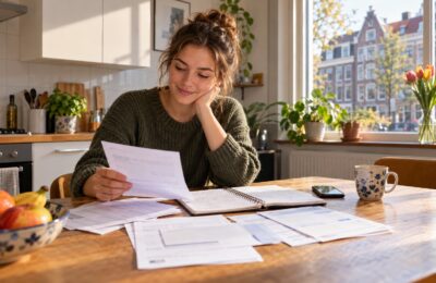 Jonge vrouw bekijkt haar rekeningen en huishoudbudget aan de keukentafel