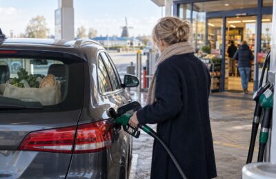 Een automobilist tankt bij een Nederlands tankstation naast een supermarkt