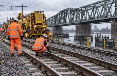 Spoorwerkers inspecteren rails bij een Nederlandse spoorbrug
