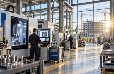 Moderne Nederlandse productielijn met industriële machines en computers