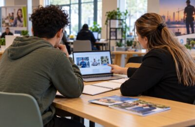 Jonge werkzoekende bespreekt loopbaankansen met een adviseur