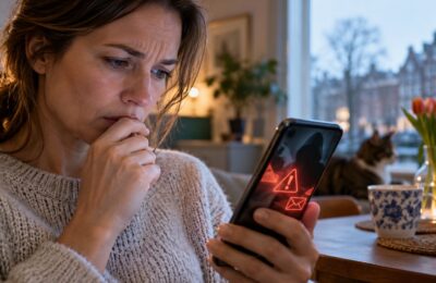 Persoon twijfelt bij een verdachte link op een smartphone