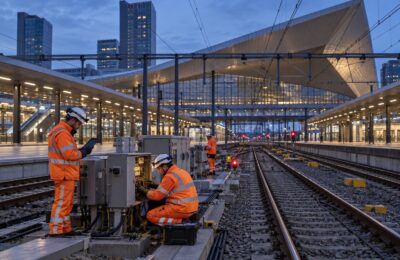 Spoortechnici werken aan treinbeveiliging bij Rotterdam Centraal