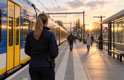 Een spoorwegmedewerker houdt toezicht op een rustig Nederlands perron