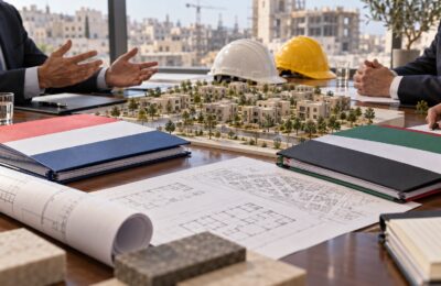 Overlegtafel met bouwplannen en een maquette voor wederopbouw