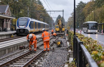 Spoorwerkzaamheden bij een station in een bosrijke Nederlandse omgeving